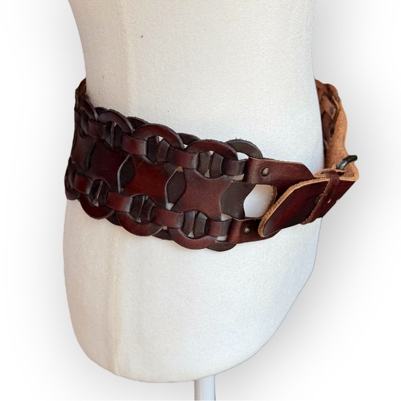 100% Genuine Deep Brown Leather Thick Braided Woven Belt, Women's Small - Picture 1 of 8
